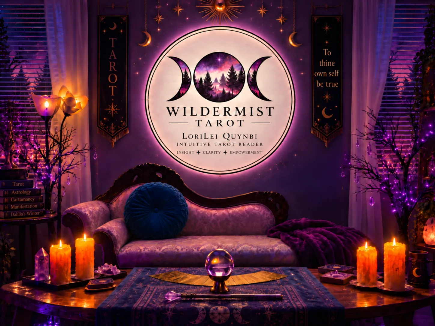 A purple candlelit tarot room with the Wildermist Tarot emblem
