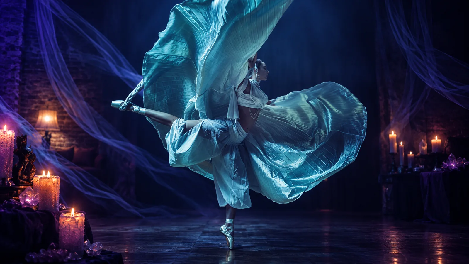 A dancer surrounded by flowing blue fabric in a candlelit mystical room