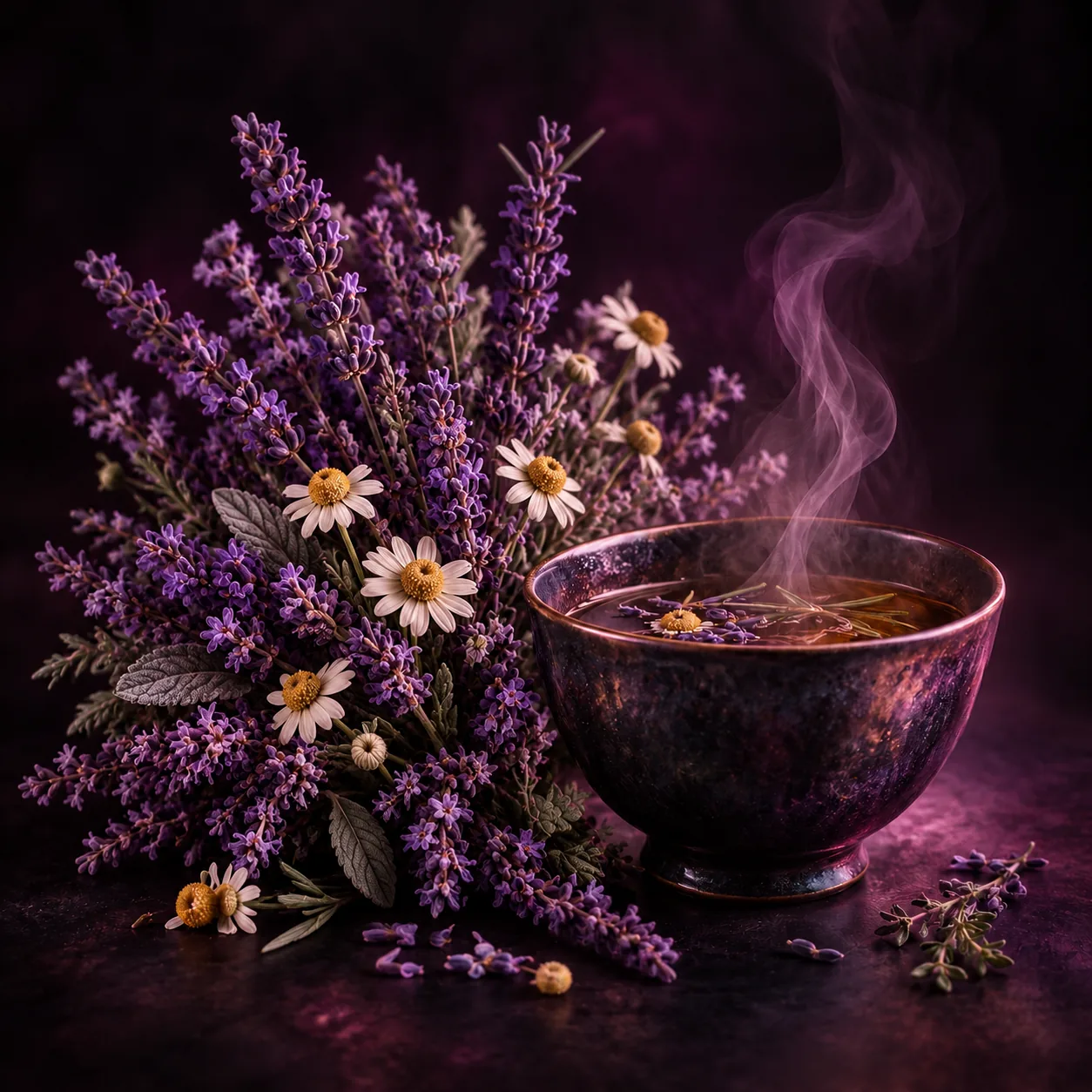 Steaming tea cup beside an herbal bouquet