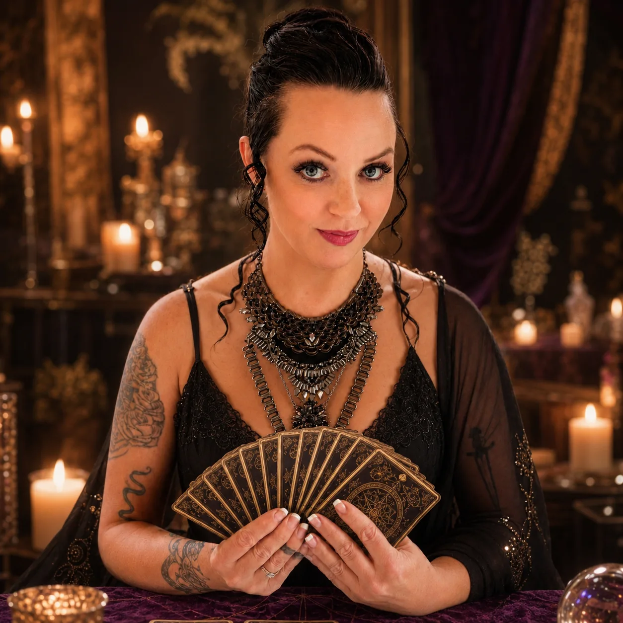 Portrait of LoriLei holding a fan of tarot cards
