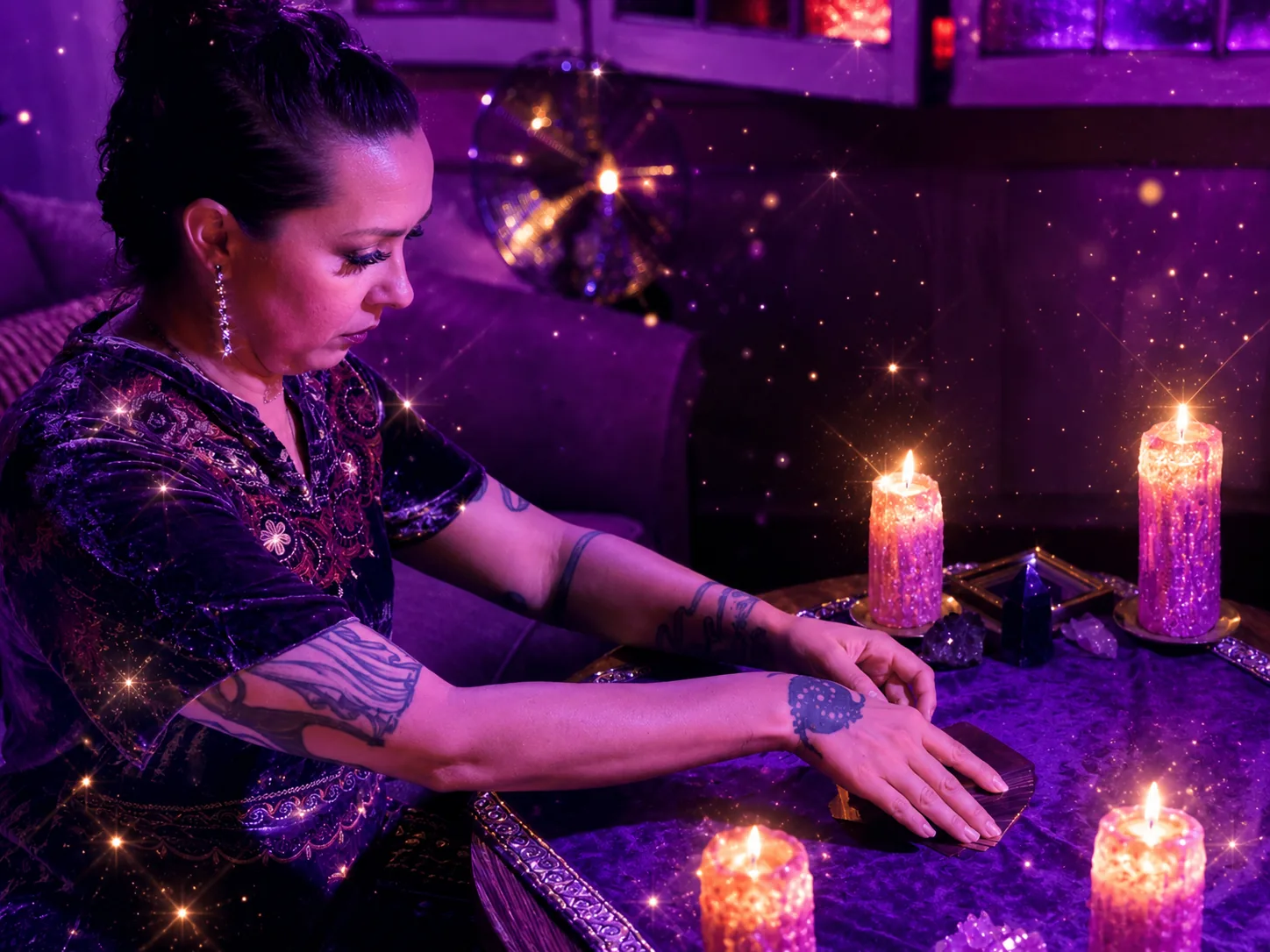 LoriLei arranging tarot cards at a candlelit purple table